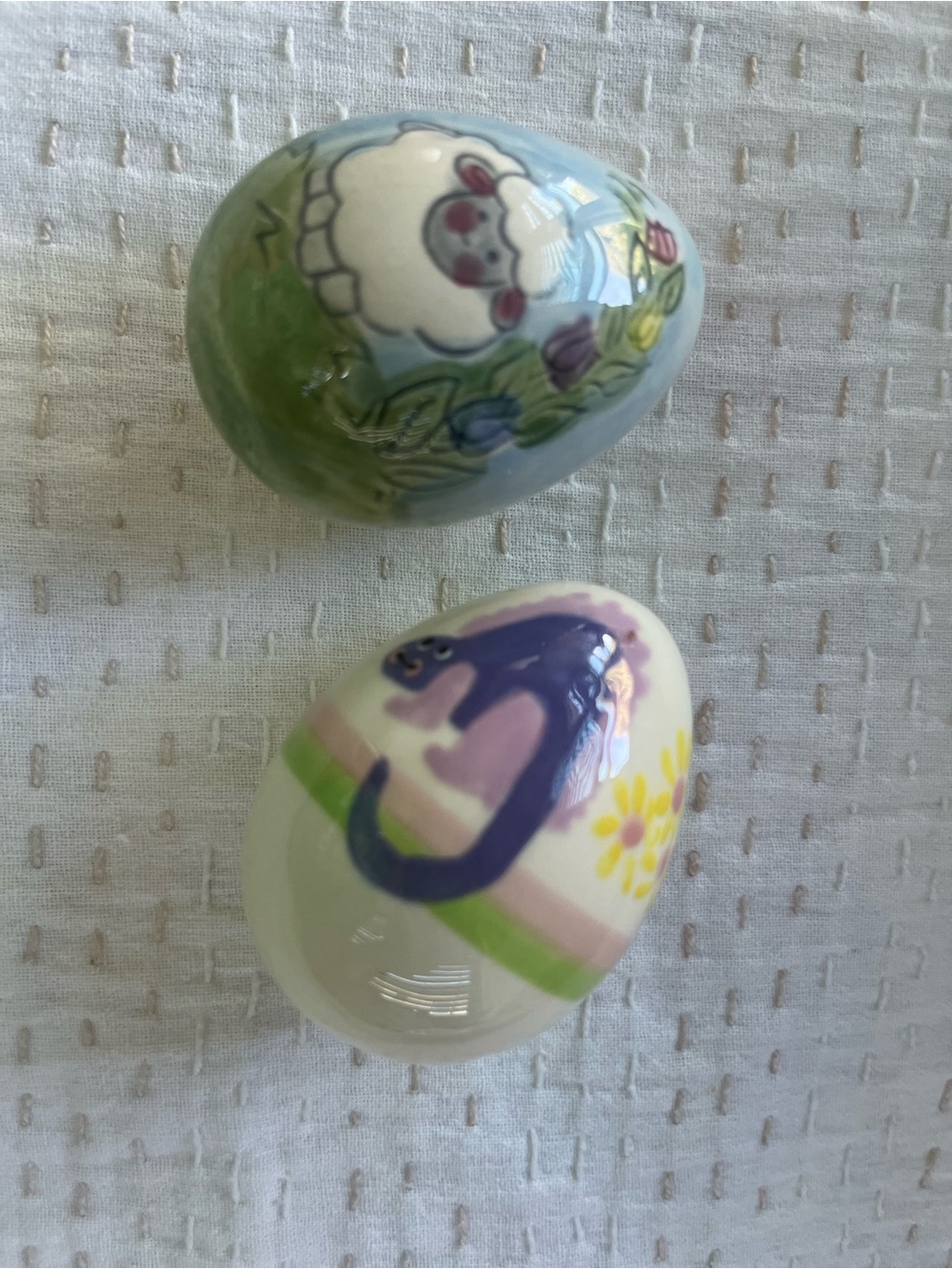 Rare find Hand-Painted Ceramic Decorative Eggs in Pastel Blue, Cream & Green